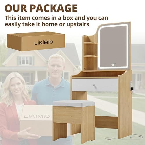 LIKIMIO Small Makeup Vanity Desk with Mirror and Lights, Vanity Table Set with Storage Drawer, Chair and Three Shelves, Bedroom, Wood thumbnail 6