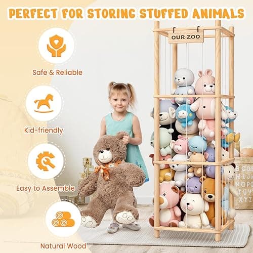 Woodure Stuffed Animal Storage & Organizer, Wooden Cute Zoo Toy Holder for Toddler Rooms, Playrooms & Bedrooms thumbnail 3