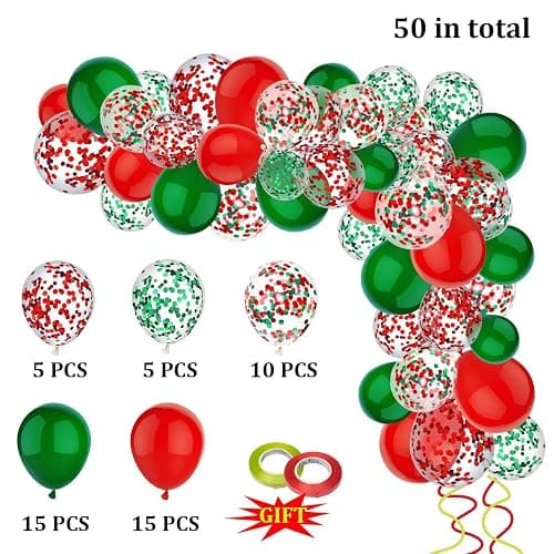 PheiLa 50 Pcs 12 Inch Red and Green Confetti Balloons Christmas Balloons with Ribbons Christmas Party Decorations for Xmas Color Themed Party New Year Baby Shower Birthday Party Supplies thumbnail 5