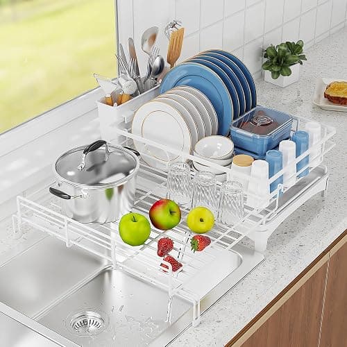 COHOSEGE Large Dish Drying Rack,Extendable Dish Rack with Cutlery Holder, Anti-Rust White Dish Racks for Kitchen Counter,Dish Drainers for Kitchen Sink,Over The Sink Drying Rack Kitchen - Image 1