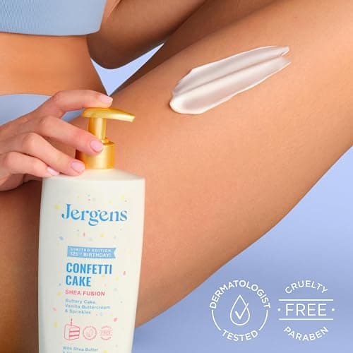 Jergens Shea Fusion Confetti Cake Body Lotion, Shea Butter, 14 fl oz | Moisturizer for Dry Skin, Scented Body Lotion, Vitamin E, Shea Butter Lotion, Daily Hydration thumbnail 7