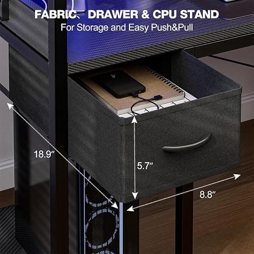 Grandder Gaming Desk 47 Inch with Power Outlet and LED Light, Computer Desk with Reversible Shelves and Storage Drawer, Pc Small Desk for Home Office Table with Bag, Carbon Fiber Black thumbnail 8
