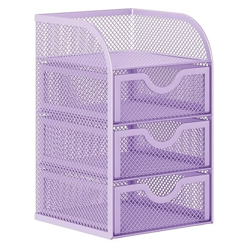 EasyPAG Mesh Desk Organizer with 3 Drawer Office Desktop Organizers and Accessories Stationery Caddy for Office, Home, Students, Purple thumbnail 4