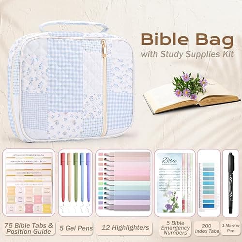 XKDOUS Bible Cover Case for Women Bible Bag Journaling Kit w/Study Supplies | Blue Patchwork Large Carrying Case w/Handle, Tabs, Pens, Portable Church Book Holder Christian Gifts for Woman Lady thumbnail 4