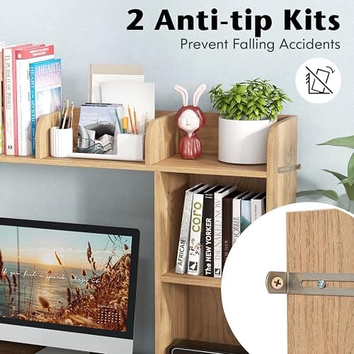 Tangkula Desktop Bookshelf, Countertop Storage Hutch with 5 Shelves for Computer Desk, 3-Tier Display Rack, Multipurpose Wood Storage Organizer for Dorm Office Home thumbnail 7