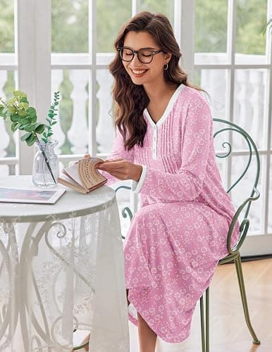 Ekouaer Women's Long Sleeve Nightgown Full Length Sleepwear Long Sleepshirts Henley Sleep Dress S-4XL thumbnail 2