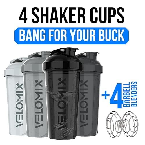 VELOMIX -4 Pack- 28 oz Protein Shaker Bottles for Protein Mixes - 4x Wire Whisk | Leak Proof Shaker Cups for Protein Shakes | Protein Shaker Bottle Pack (Silver Mix) thumbnail 2