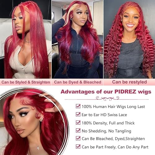 30 Inch Burgundy Wig Human Hair 13x6 99j Body Wave Lace Front Wigs Human Hair Pre Plucked Red Wig for Women 180 Density,100% Real Human Hair No Synthetic Blend No Tangle No Shedding Triple Lifespan 3X thumbnail 6
