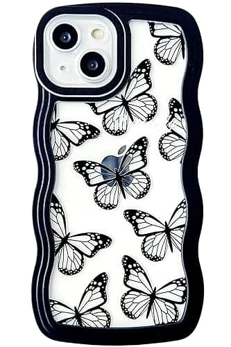 UICEAM Compatible with iPhone 13 Mini Case Clear with Butterfly Design for Women Girls,Aesthetic Cute Girly Wavy Soft Shockproof Cell Phone Cover for iPhone 13mini (Butterfly/Black) - iPhone 13 Mini - Butterfly/Black - Image 1