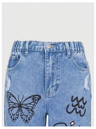 Floerns Girl's Heart Print Cute Ripped Baggy Jeans Straight Wide Leg Streetwear Denim Pants thumbnail 3