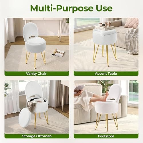 Rolanstar Velvet Vanity Chair with Hidden Storage – Foldable Backrest Converts to Footstool – Comfortable Makeup Stool for Bedroom or Dressing Table (White, Small) thumbnail 7