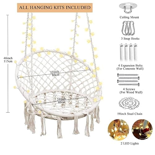Hanging Chair for Bedroom Hammock Chair Swing with Lights and Hardware Kits Holds Up to 550Lbs Macrame Swing Chair Hanging Cotton Rope Swing Chair for Bedroom, Patio, Deck, Garden and Porch-KASHAN thumbnail 2