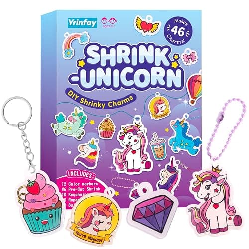 89PC DIY Unicorn Shrink Plastic Art Kit - 46 Pre-Cut Shapes, 12 Markers & Accessories - Make Charms, Keychains & Tags - No-Mess Craft for Kids - Birthday Gift with Shrinky Plastic Sheets - Image 1