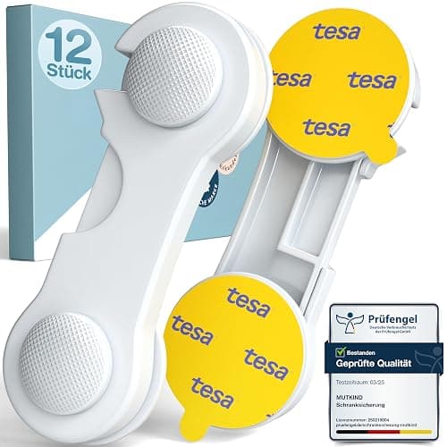 MUTKIND® 12 Stück Kindersicherung Schrank (Mit Kleber von TESA) - Extra Starker Halt - Schranksicherung Baby - Schubladensicherung für Schränke, Kühlschrank, Türen - Kindersicherung Schubladen Weiß - Image 1