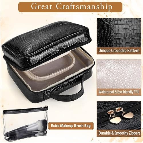 ZQQZAN Travel Makeup Bag - Large Capacity Cosmetic Bag with Makeup Brush Bag, Leather Makeup Travel Case Open Flat Makeup Case, Cute Makeup Organizer Bag for Women Girls, Black thumbnail 5