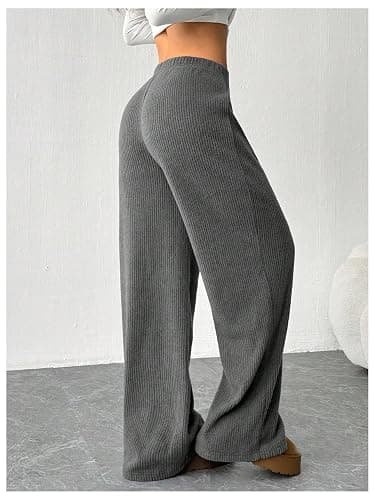 OYOANGLE Women's Ribbed Knit Drawstring Waist Straight Leg Pants Comfy Lounge Trousers thumbnail 2