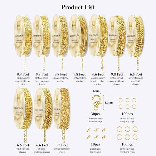 Ecoofor Gold Necklace Chains for Jewelry Making, 78.7 Feet 10 Rolls Jewelry Chains for DIY Necklace Bracelet Jewelry Making with Jump Rings/Lobster Clasps/Connectors thumbnail 3