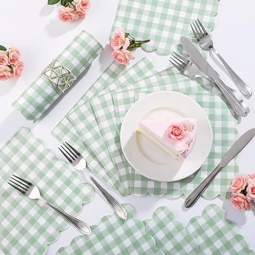 80 Pcs Sage Green Gingham Paper Napkins 6.5 Inch Green and White Paper Napkins Disposable Scalloped Napkin for Baby & Bridal Shower, Wedding, Birthday, Picnic, Easter Party thumbnail 4
