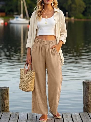 ANRABESS Women's Wide Leg Linen Pants Summer Boho Casual Elastic Waist Long Lounge Travel Pants Trousers with Pockets thumbnail 7