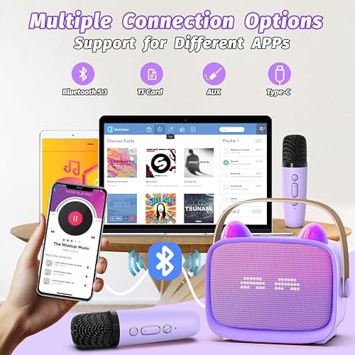 Mini Karaoke Machine Toys Gifts,Kids Portable Bluetooth Speaker with 2 Wireless Microphone and LED,Christmas Birthday Gifts for Girls Boys 3 4 5 6 7 8+ Year Old (Purple) thumbnail 6