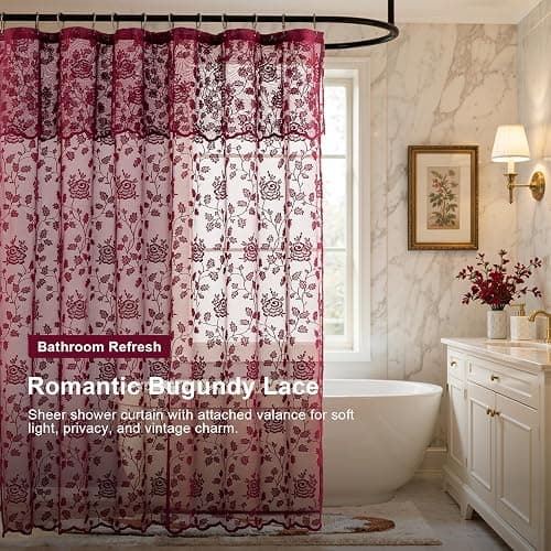 Burgundy Floral Lace Shower Curtain with Valance, 72 x 72 Inch, 1 Panel | Victorian Romance, French Country Charm, Shabby Chic Accent, Soft Light Diffusion, Rich Bath Decor, Subtle Privacy thumbnail 2