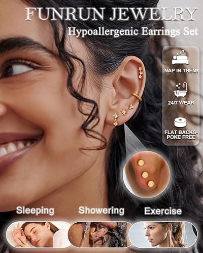 FUNRUN JEWELRY 20G Helix Piercing Jewelry Cartilage Earrings for Women | Hypoallergenic Surgical Stainless Steel Gold Flat Back Stud Hoop Earring Set for Daith Tragus Conch Body Piercing Jewelry thumbnail 4