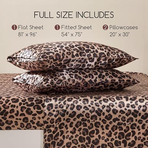 MR&HM Satin Bed Sheets with Elastic Corner Straps, Full Size Sheets Set, 4 Pcs Silky Bedding Set with 15 Inches Deep Pocket for Mattress (Full, Brown Leopard) thumbnail 2