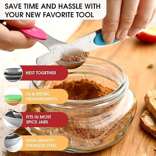 Spring Chef Stainless Steel Magnetic Measuring Spoons Set of 8 with Leveler, Nesting Metal Teaspoon & Tablespoon Measuring Spoons, Kitchen Gadgets for Baking & Cooking, Fits in Most Spice Jars - Neon thumbnail 6