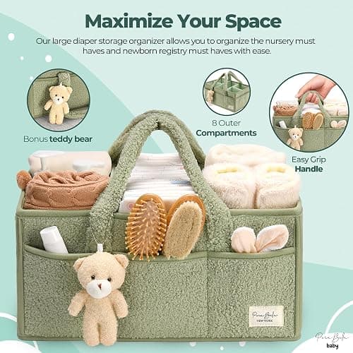PeraBella Baby Diaper Caddy Organizer, Baby Organizers and Storage for Changing Table, Babies Shower Gift Basket for Boy &Girl, Nursery Essentials Car Caddy Organizer with Handle, Green Diaper Basket thumbnail 5