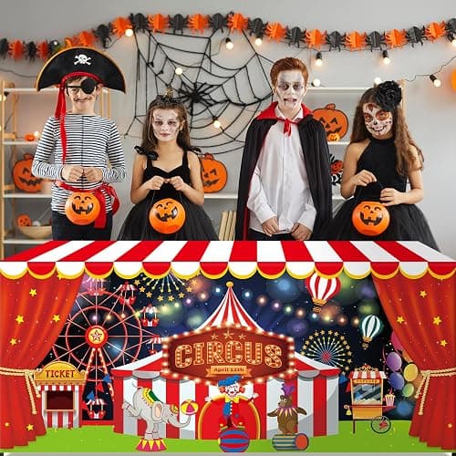 6 FT Carnival Party Table Cover for Kids Circus Tablecloth Carnival Washable Fabric Polyester Rectangle Table Cover Decor Circus Activity Gift for Night Halloween Birthday Movie Party Supply thumbnail 4