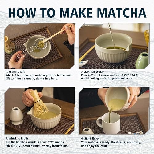 Matcha Whisk Set, Japanese Tea Ceremony Kit, 18oz Spout Bowl, Bamboo Whisk Scoop, Ceramic Holder Sifter Towel,7 pcs Matcha Tea Kit for Matcha Lovers, Christmas, Birthday Gift(White) thumbnail 7