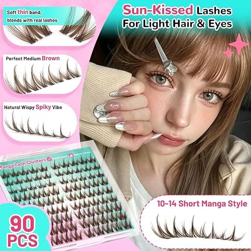 Brown Lash Clusters Kit Manga Eyelash Cluster Spiky Lashes Extensions | 10-14 C Curl 90pcs Wispy Lash Cluster Kit with Bond & Seal Natural Eyelash Cluster Anime Individual Lashes for Beginners thumbnail 5