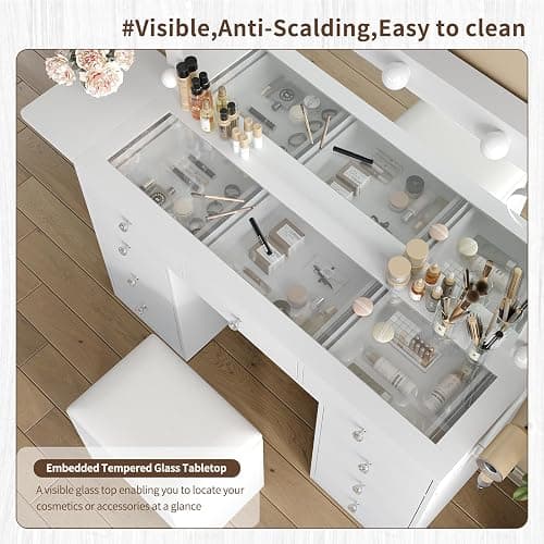 Yanosaku Vanity Desk & Power Outle, Makeup Vanity with Mirror and 12 LED Lights, 9 Drawers Makeup Table with Fold-up Panel, Vanity Set 3 Lighting Modes Brightness Adjustable (White) thumbnail 5