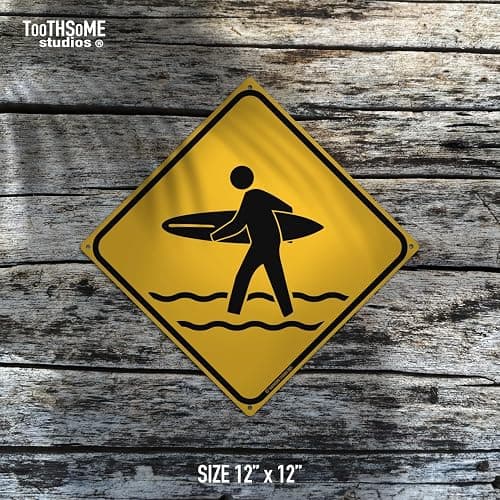 Surfer Crossing 12" x 12" Tin Road Sign Beach Home Bar Hang Ten Surf's Up Decor thumbnail 4