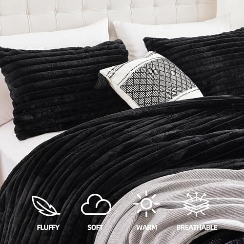 Smoofy Fluffy Twin Comforter Sets 2 Pieces - Black Fleece Fluffy Comforter Set, Luxury Fuzzy Twin Bedding Set, Soft Warm Comforter All Season, Heavy Faux Fur Comforter with Pillow Cases thumbnail 2