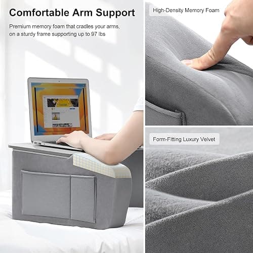 OPTIXCELL Reading Pillow for Gaming with Ergonomic Arm Rests, Wooden Lap Desk for Laptop, Support Pillow with Side Pockets for Reading, Writing, Working, Gaming on Bed, Couch or Floor (Gray, Large) thumbnail 6