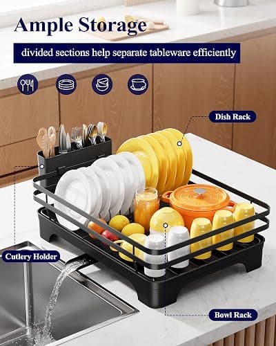 Kitsure Dish Drying Rack - Multi-Functional Dish Rack for Kitchen Counter with Cutlery Holder, Rust-Proof Storage Solution with Rotatable, 15.7" x 12.0" x 5.5", Black thumbnail 3