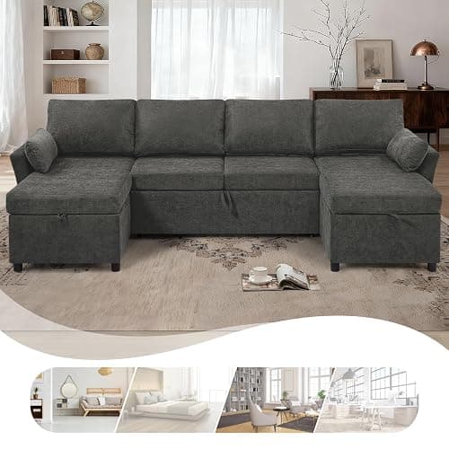 ACMEASE 107 Inches Fabric Sectional Sofa with Pull Out Sofa Bed, Modern U-Shape Sofa with Throw Pillows, Comfortable Sleeper Couch with Storage Chaise for Living Room, Grey thumbnail 7