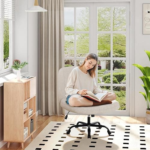 Shintenchi Criss Cross Chair,Cross Legged Office Seat with Wheels Armless Swivel Vanity Chair,Height Adjustable Wide Computer Task Seating for Home Office,Beige thumbnail 6