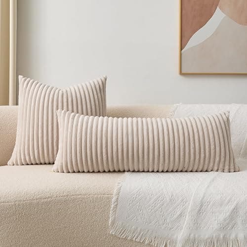 Kevin Textile Soft Plush 14x36 Inch Long Lumbar Pillow Cover 1 Pack, Luxury Fluffy Faux Fur Striped Flannel Rectangle Body Cushion Case for Couch Sofa Chair Bed Home Decor, Beige thumbnail 7