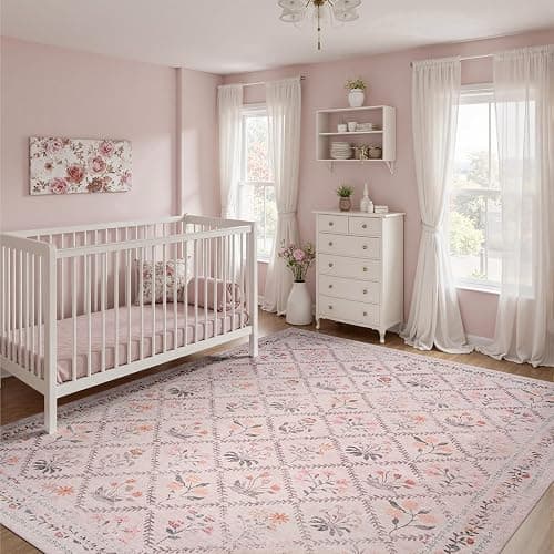 DCX Washable 5x7 Pink Floral Rug for Girls Bedroom, Soft Cottagecore Rug for Baby Girl Nursery, Non Slip Low Pile, Kid & Pet Friendly Vintage Botanical Carpet thumbnail 5