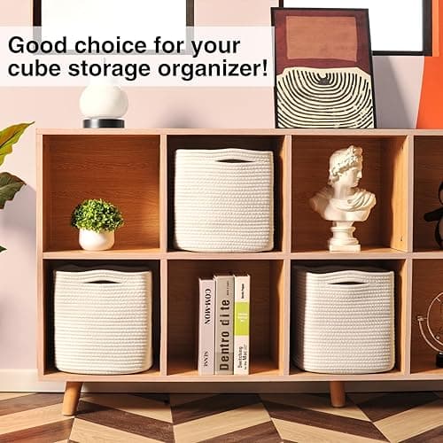 Dcerzxzci 11 Inch Cube Storage Bins, 11x11 Cube Storage Bins for Cube Organizer, Square Cloth Storage Cubes, Woven Storage Baskets for Shelves, Toy Rope Baskets Storage Kids, Off White (Pack of 3) - Off White - 11"×11"×11" thumbnail 4