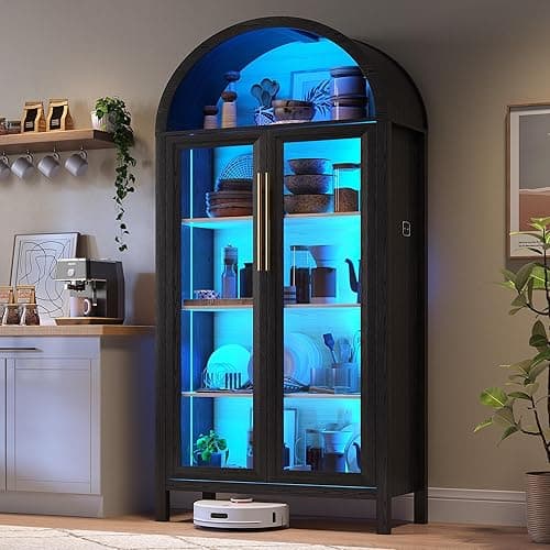 Dystler Arched Kitchen Pantry Cabinet with Glass Doors, Display Curio Case with 3 Color LED Lights for Collectibles, Modern 5-Tier Storage Hutch Cabinet for Kitchen, Dining Room, Black