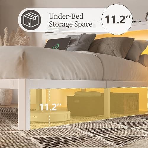 HAY.com Full Size Bed Frame with LED Light & Charging Station, Metal Platform Bed with Storage Headboard & Under-Bed Storage, Heavy Duty Slats Support, No Box Spring Needed, Noise-Free, White thumbnail 6