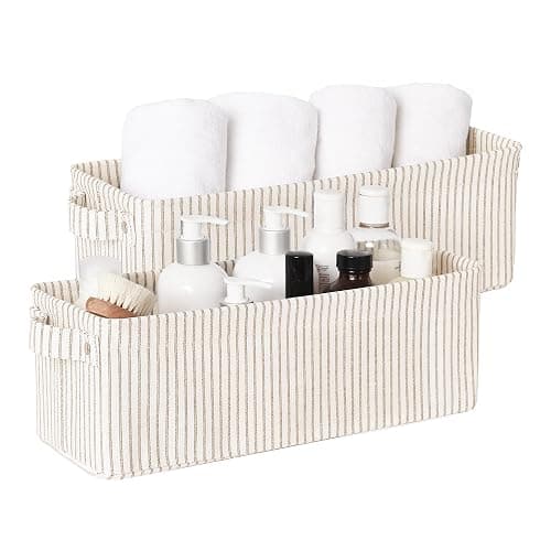 StorageWorks Narrow Storage Bins, Small Basket for Bathroom, Closet and Shelves, Fabric Organizer with Handles, Toilet Paper Storage, Khaki Stripes, 2-Pack - Image 1