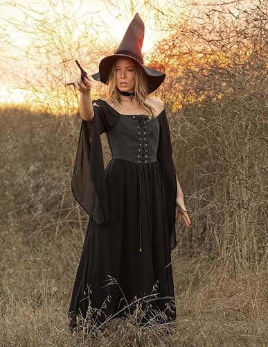 Scarlet Darkness Renaissance Costume Women Pirate Dresses Split Bell Sleeve Medieval Ren Faire Dress with Pockets thumbnail 2