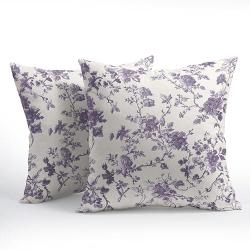 Lavender Purple Floral Pillow Covers 18x18 Inch Set of 2 Purple and Cream Chinoiserie Flower Outdoor Decorative Throw Pillows Vintage Rustic Toile Pillowcases Cushion Covers for Couch Home Decor thumbnail 3