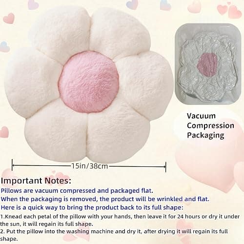 JZNEXD 2 Pcs Pink White Throw Pillows Cute Flower Pillow Daisy Flower Shaped Floor Cushions Set, Preppy Decorative Throw Pillows for Girls Bed Bedroom Couch Decor (White & Pink, 15 INCH) thumbnail 3