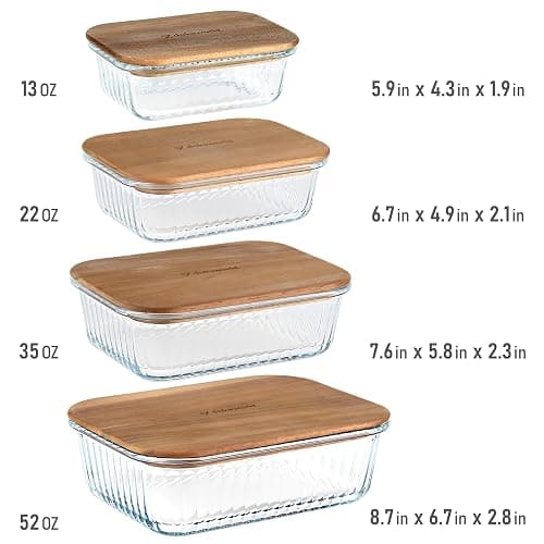 dokaworld Ribbed Glass 4 Stackable Meal Prep Containers with Acacia Lids | Lunch, Meal & Food Prep - Microwave & Oven Safe BPA Free Durable Heat Resistant Inert Borosilicate Glass thumbnail 3