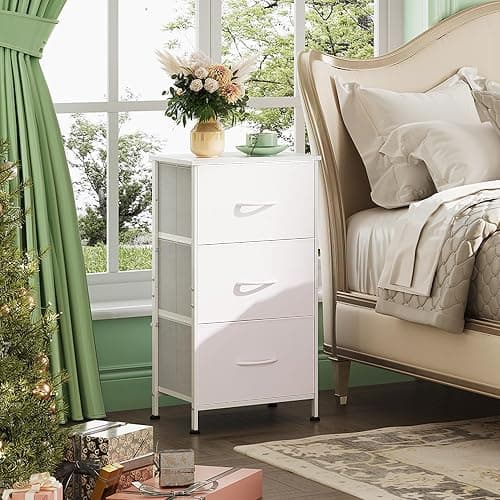 WLIVE Nightstand with 3 Drawers, Fabric Dresser, Organizer Unit, Storage Dresser for Bedroom, Hallway, Entryway, Closets, Sturdy Steel Frame, Wood Top, Easy Pull Handle, White thumbnail 2